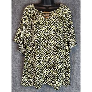NY Collection Dress Womens 3X Black Yellow White Print Gold Accent Plus Sz Work